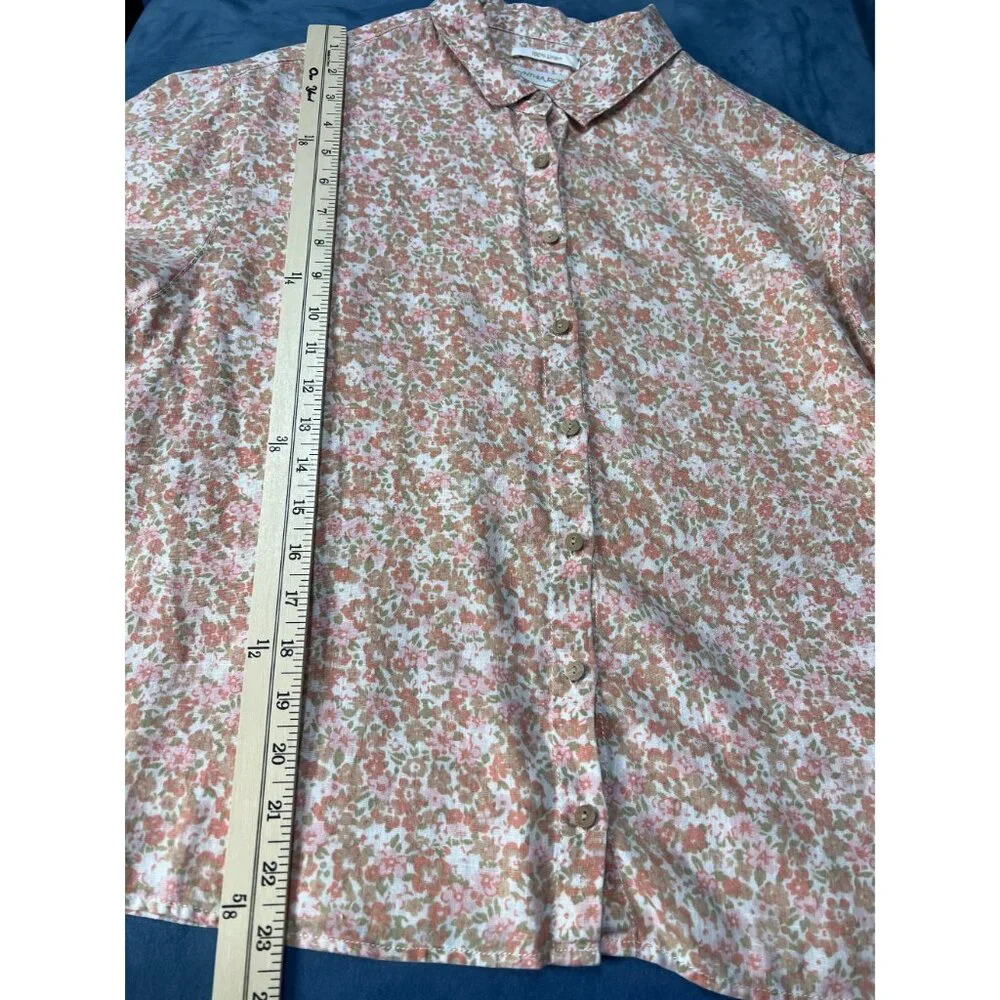 Cynthia Rowley Floral Linen Button Down Shirt WOMEN M Pink Beige Short Sleeve - Picture 9 of 9